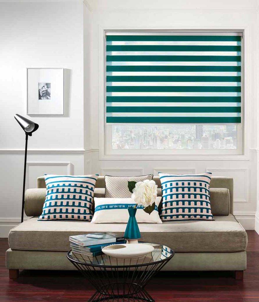 Living room with green blinds