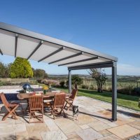 modern canopy providing seating area looking over the hills