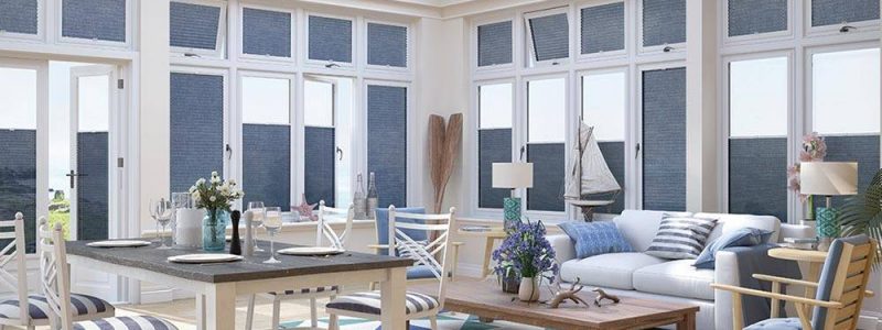 louvolite perfect fit blue blinds in conservatory
